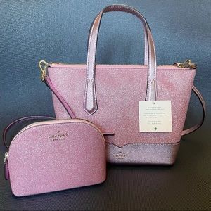 NWT Kate Spade Lola Pink Glitter Bag + Makeup Bag
